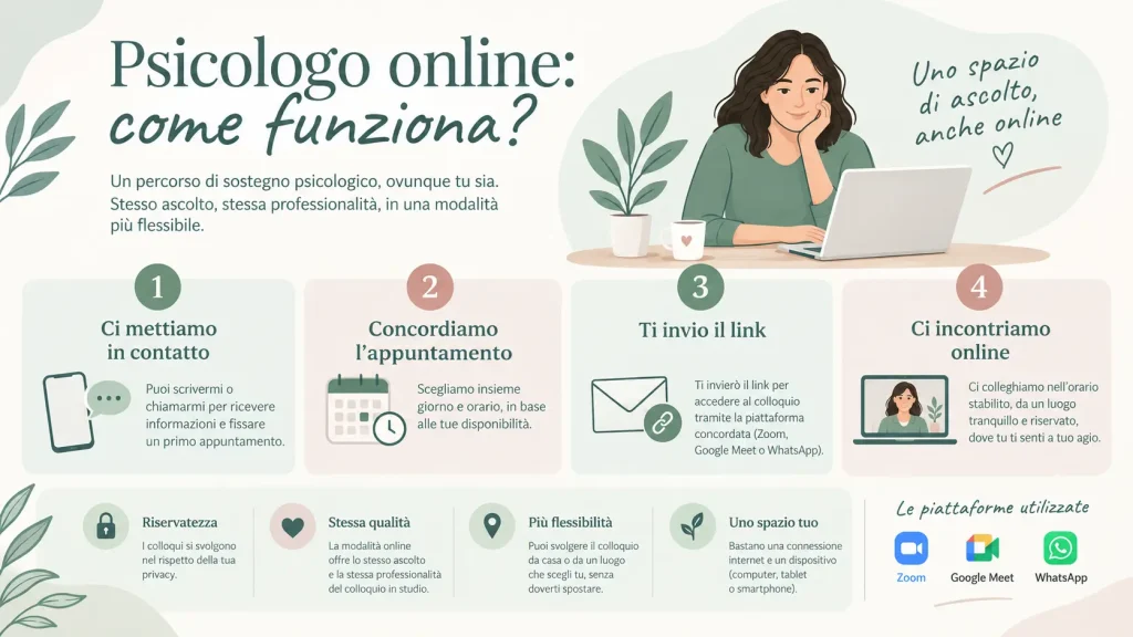 Come funziona il percorso con uno psicologo online: contatto, appuntamento, collegamento e colloquio psicologico online